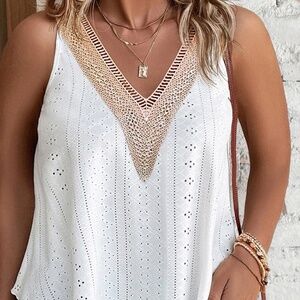 White V Neck Eyelet Lace Tank Top